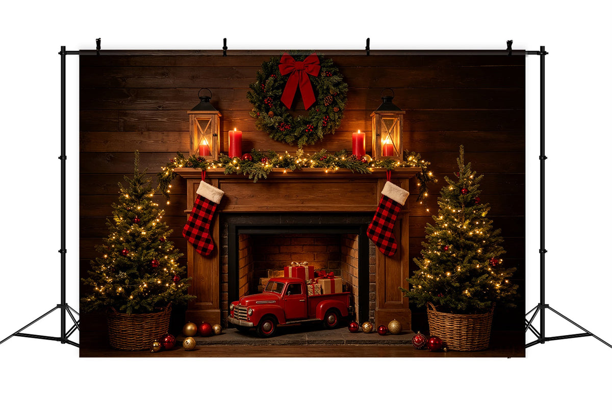 Christmas Fireplace Backdrop Rustic Fireplace Truck Display Western Christmas Backdrop UK CSH69-81
