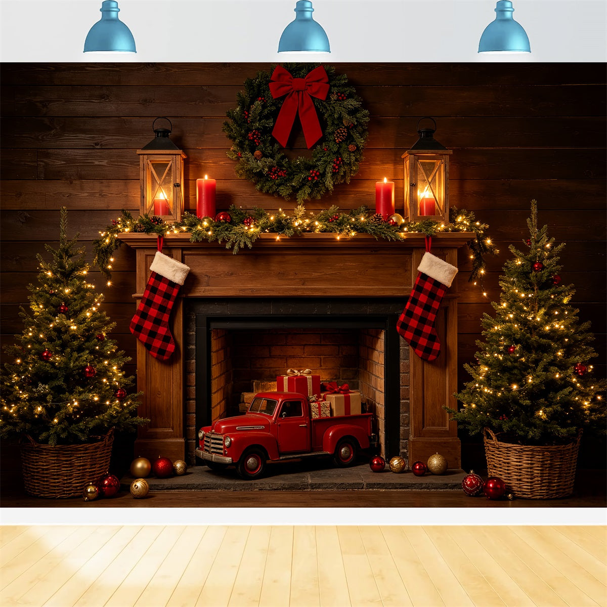 Christmas Fireplace Backdrop Rustic Fireplace Truck Display Western Christmas Backdrop UK CSH69-81