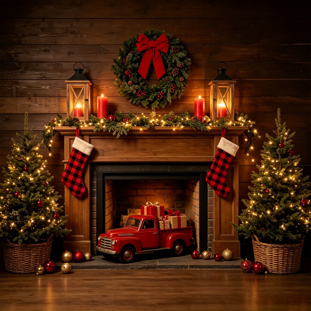 Christmas Fireplace Backdrop Rustic Fireplace Truck Display Western Christmas Backdrop UK CSH69-81