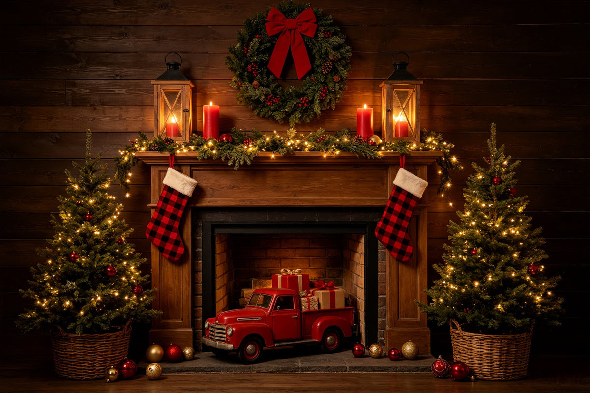 Christmas Fireplace Backdrop Rustic Fireplace Truck Display Western Christmas Backdrop UK CSH69-81
