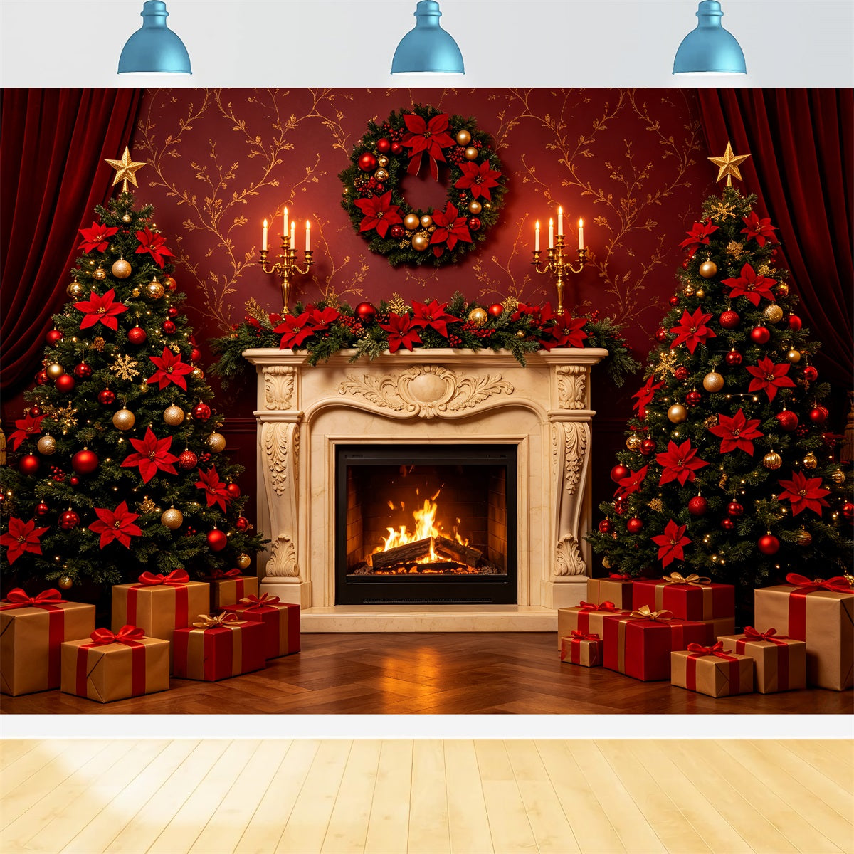 Christmas Backdrops For Stage Elegant Red Curtain Fireplace Christmas Backdrop For Party UK CSH69-83