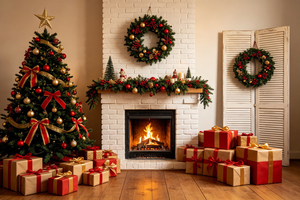 Christmas Fireplace Backdrop White Brick Fireplace Decor Christmas Photography Backdrop UK CSH69-84
