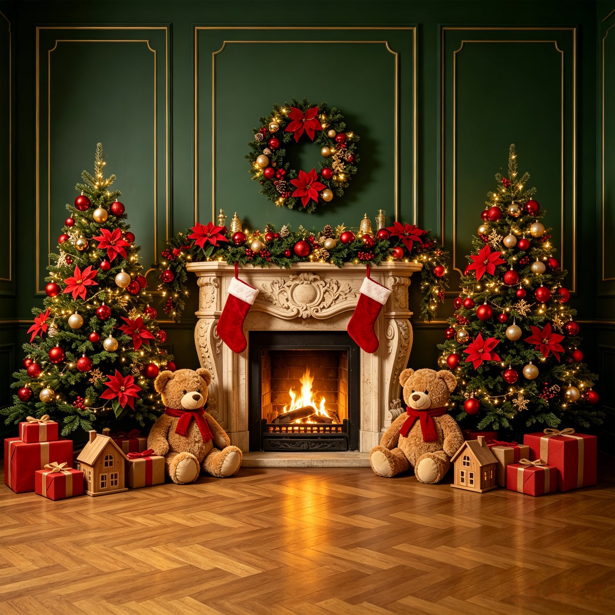 Christmas Fireplace Backdrop Teddy Bear Fireplace Decor Christmas Portrait Backdrop UK CSH69-89