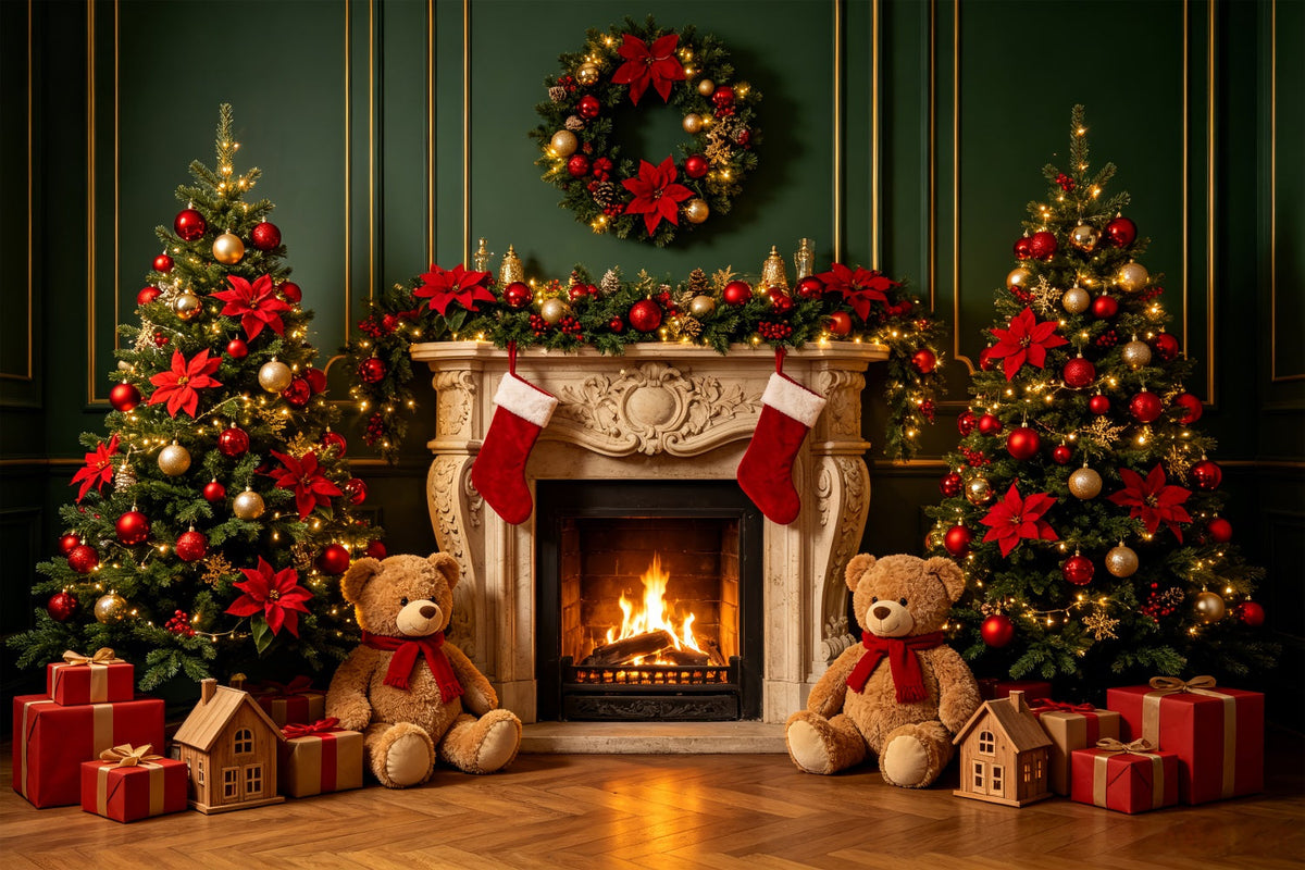 Christmas Fireplace Backdrop Teddy Bear Fireplace Decor Christmas Portrait Backdrop UK CSH69-89