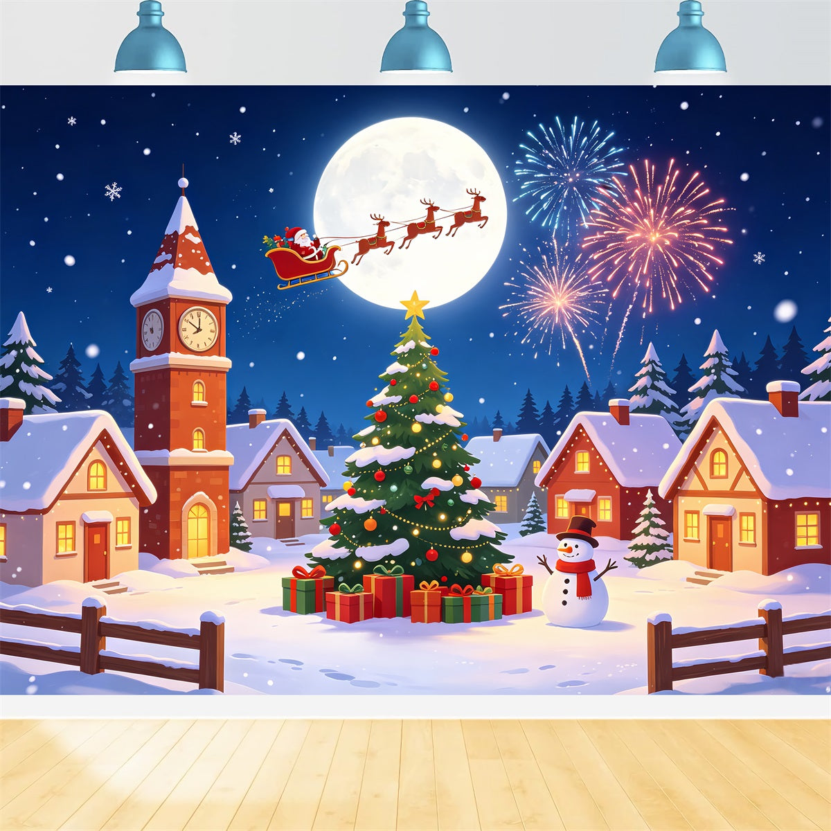 Backdrop For Christmas Village Snow Moon Fireworks Christmas Lights Backdrop UK CSH69-92
