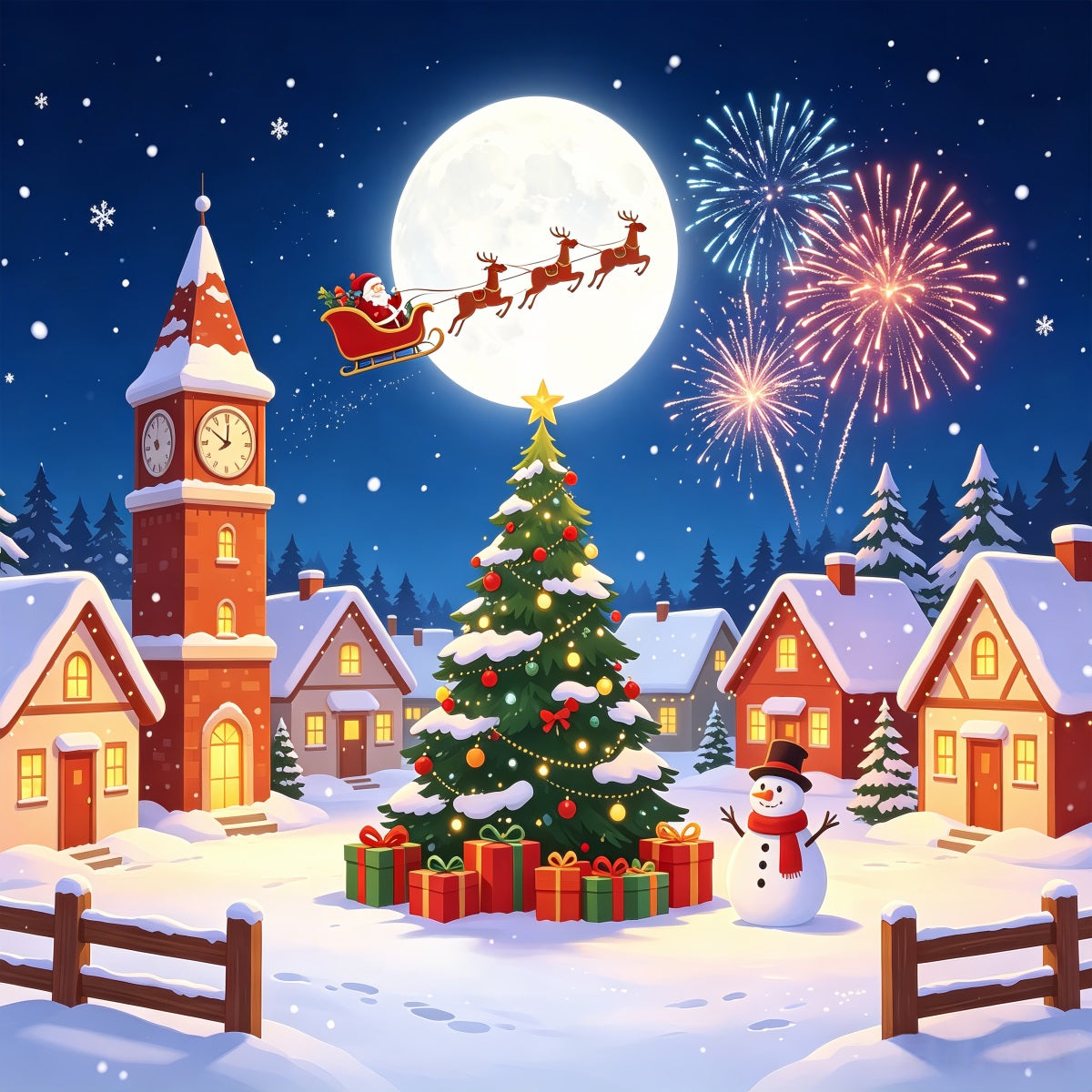 Backdrop For Christmas Village Snow Moon Fireworks Christmas Lights Backdrop UK CSH69-92