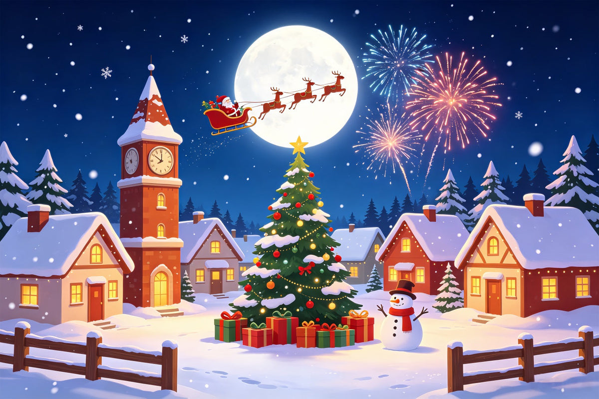 Backdrop For Christmas Village Snow Moon Fireworks Christmas Lights Backdrop UK CSH69-92