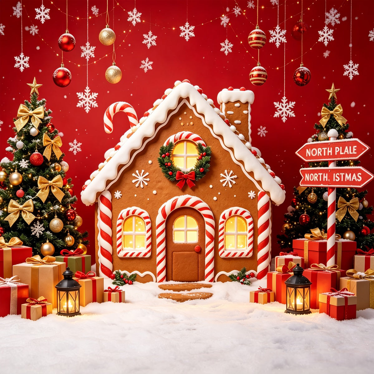 North Pole Photo Backdrop Gingerbread House Gift Display North Pole Backdrop UK CSH69-95