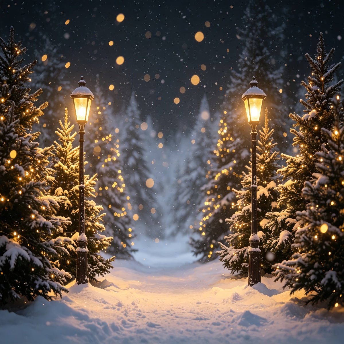 High Resolution Christmas Photo Backdrop Snowy Lantern Forest Path Outdoor Christmas Backdrop UK CSH69-96