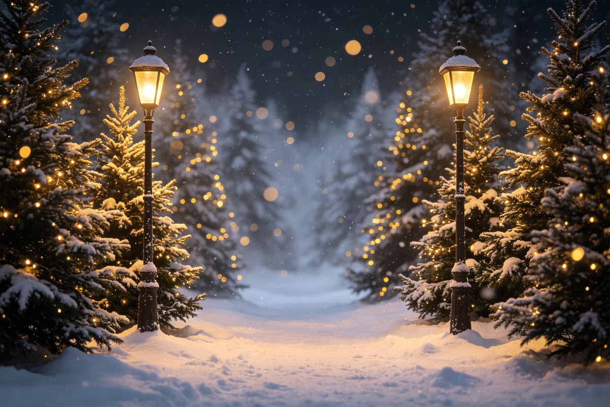 High Resolution Christmas Photo Backdrop Snowy Lantern Forest Path Outdoor Christmas Backdrop UK CSH69-96