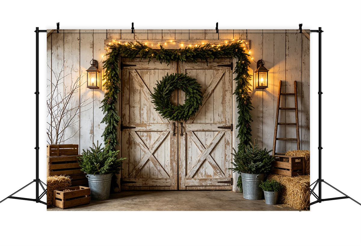 Western Christmas Backdrop Rustic White Barn Wreath Christmas Outdoor Backdrop UK CSH69-97