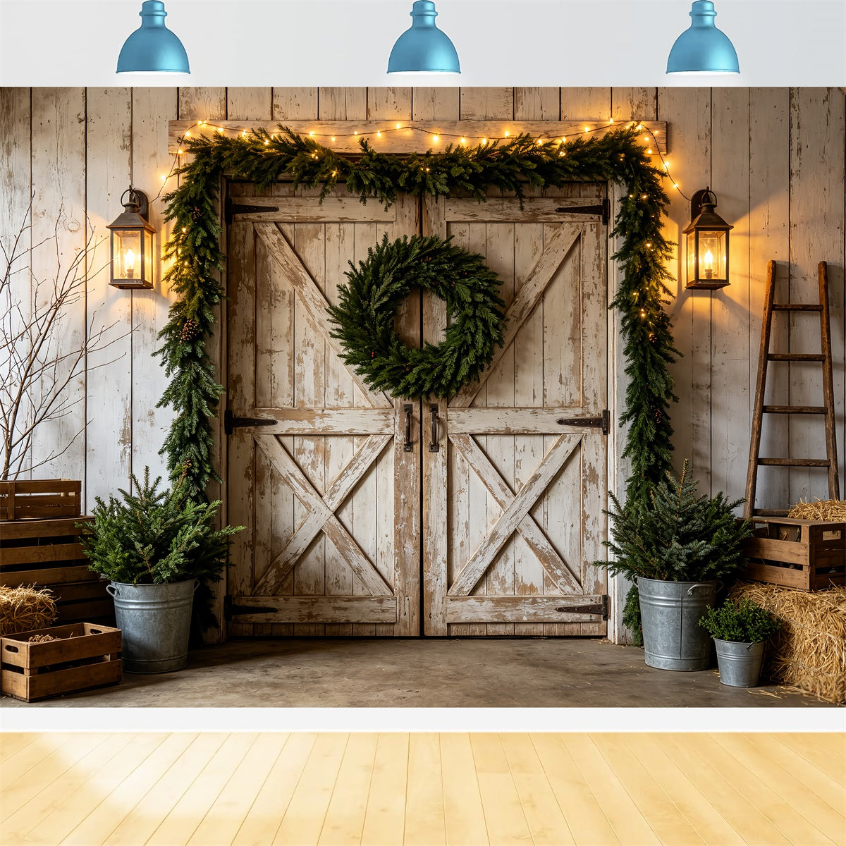 Western Christmas Backdrop Rustic White Barn Wreath Christmas Outdoor Backdrop UK CSH69-97