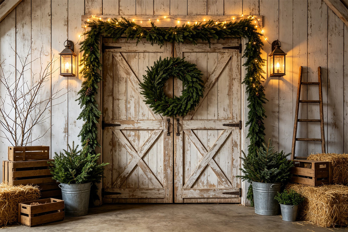 Western Christmas Backdrop Rustic White Barn Wreath Christmas Outdoor Backdrop UK CSH69-97