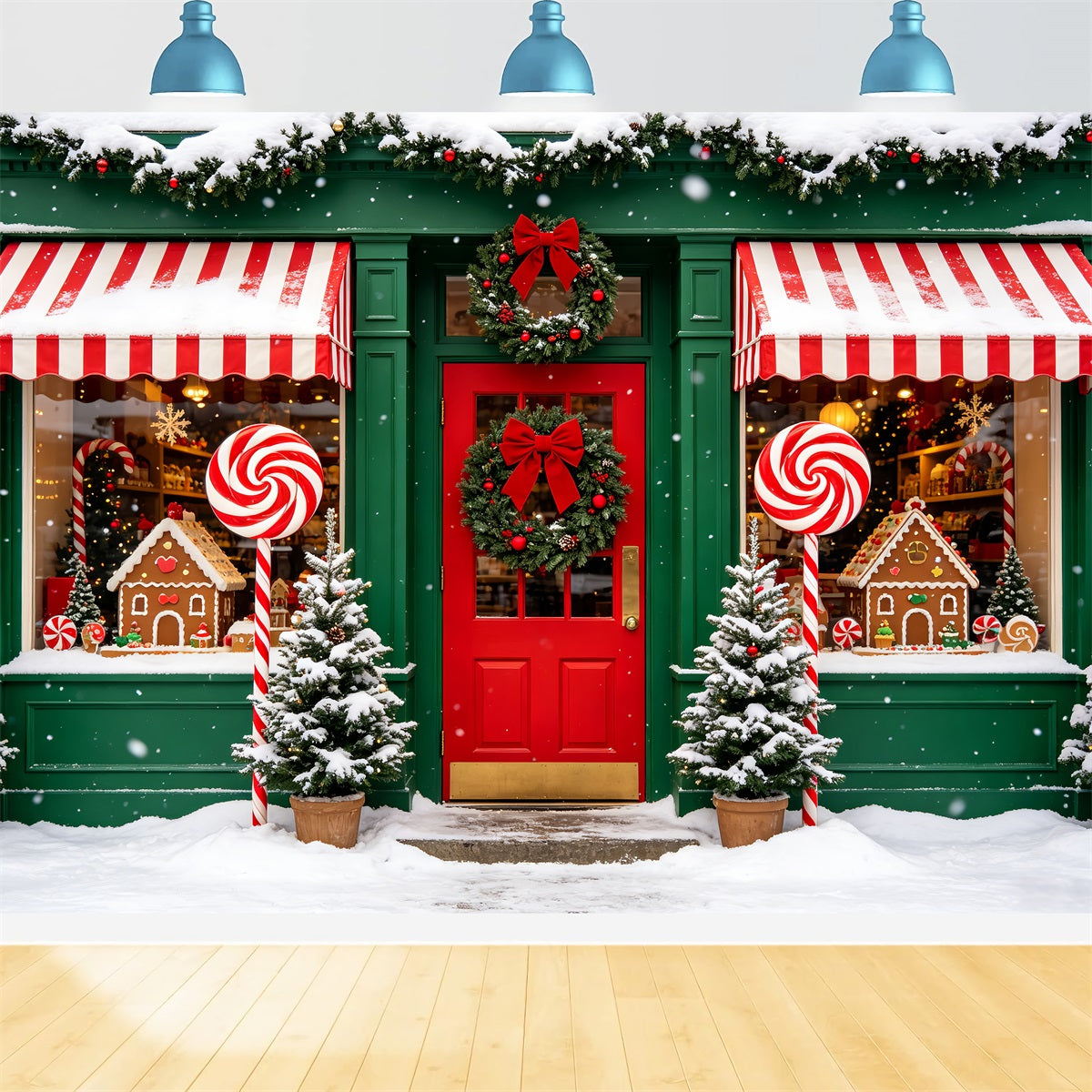 Candy Cane Backdrop Winter Shopfront Window Gingerbread Photo Backdrop UK CSH69-98