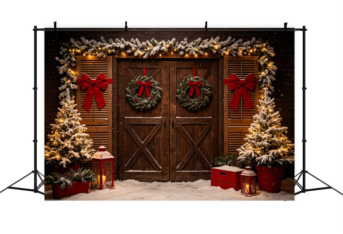 Western Christmas Backdrop Rustic Double Door Wreath Christmas Outdoor Backdrop UK CSH69-99