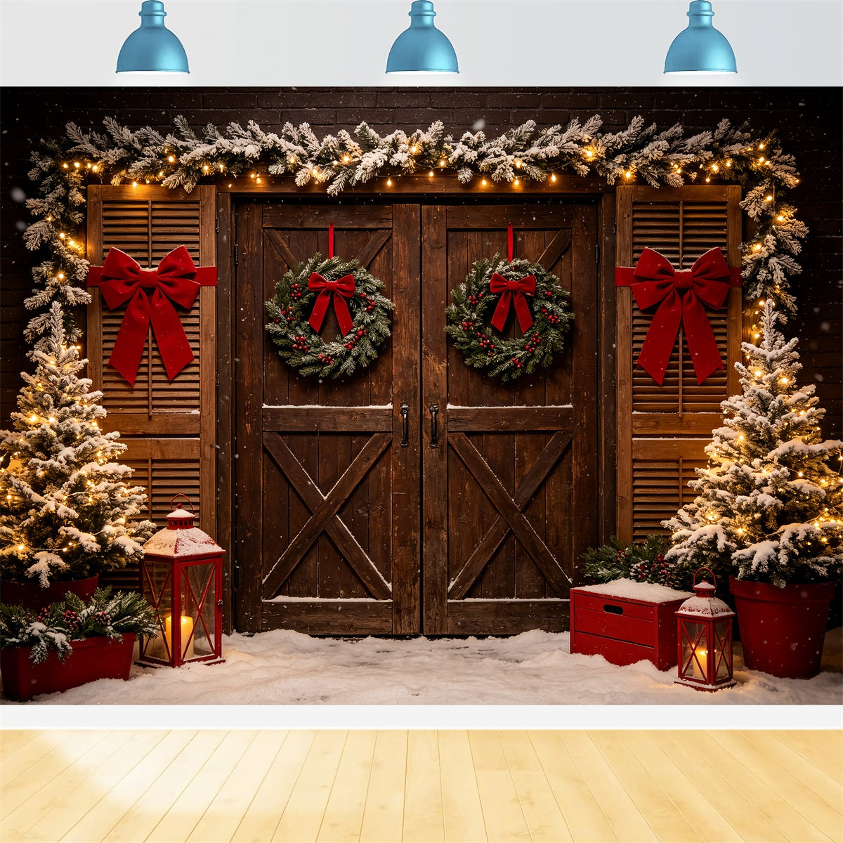 Western Christmas Backdrop Rustic Double Door Wreath Christmas Outdoor Backdrop UK CSH69-99