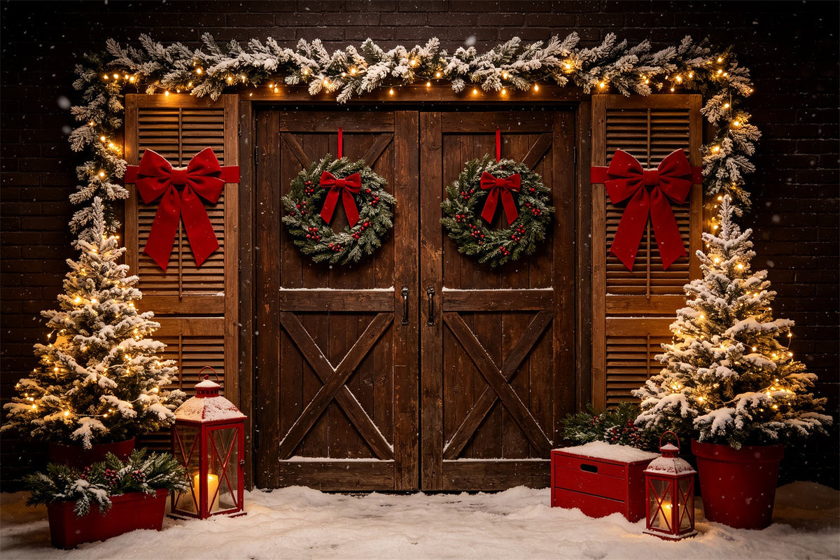 Western Christmas Backdrop Rustic Double Door Wreath Christmas Outdoor Backdrop UK CSH69-99