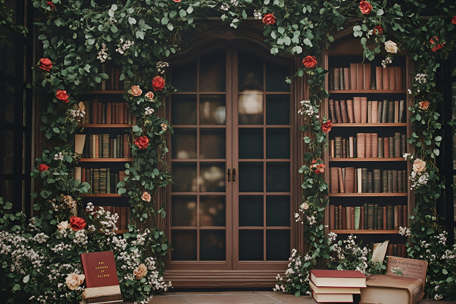 Back To School Backdrop Ideas Floral Vintage Bookshelf Window Backdrop UK GQ3-115