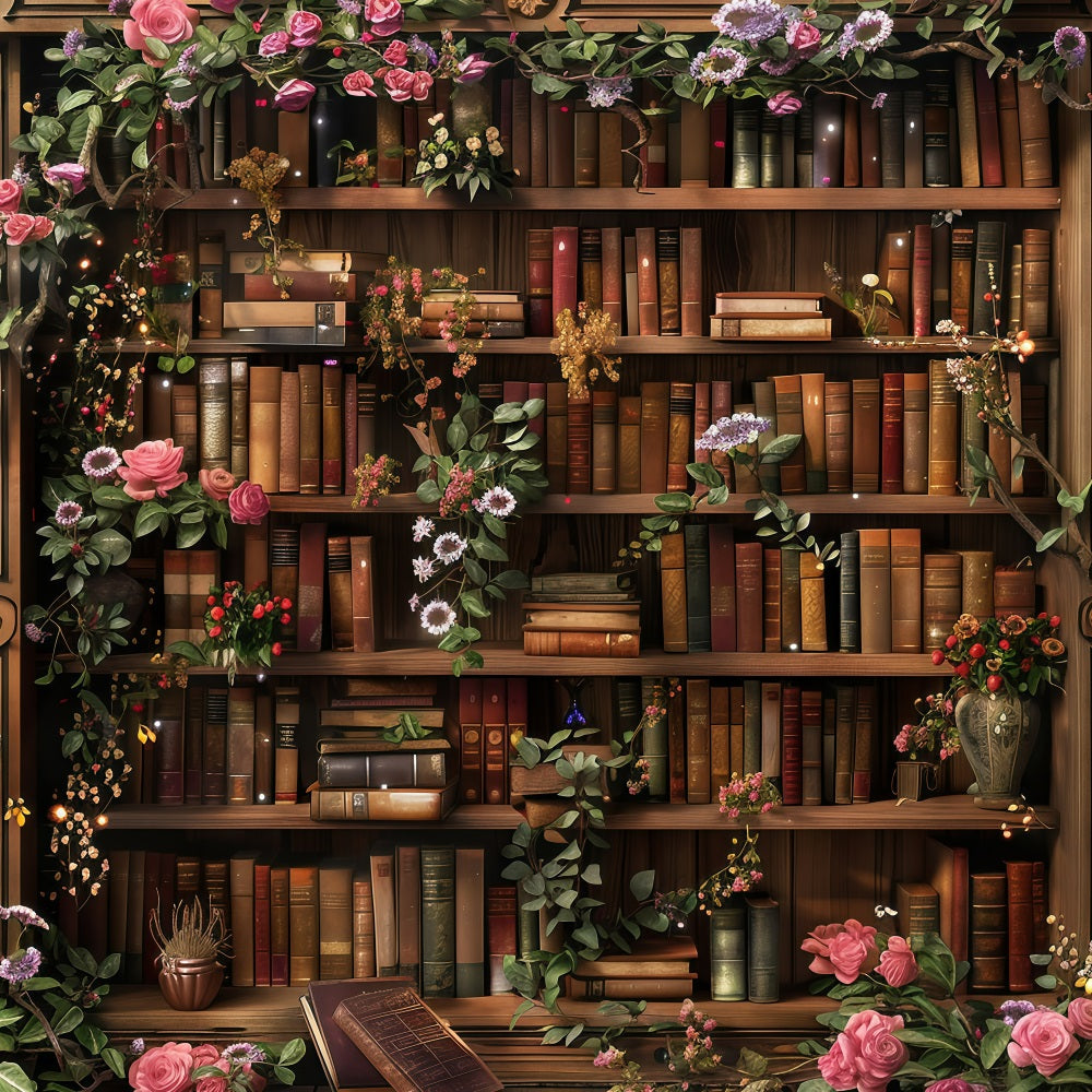Back To School Photo Backdrops Library Floral Bookshelf Backdrop UK GQ3-122