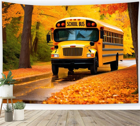 Back To School Photography Backdrops Autumn Leaves School Bus Backdrop UK GQ3-128