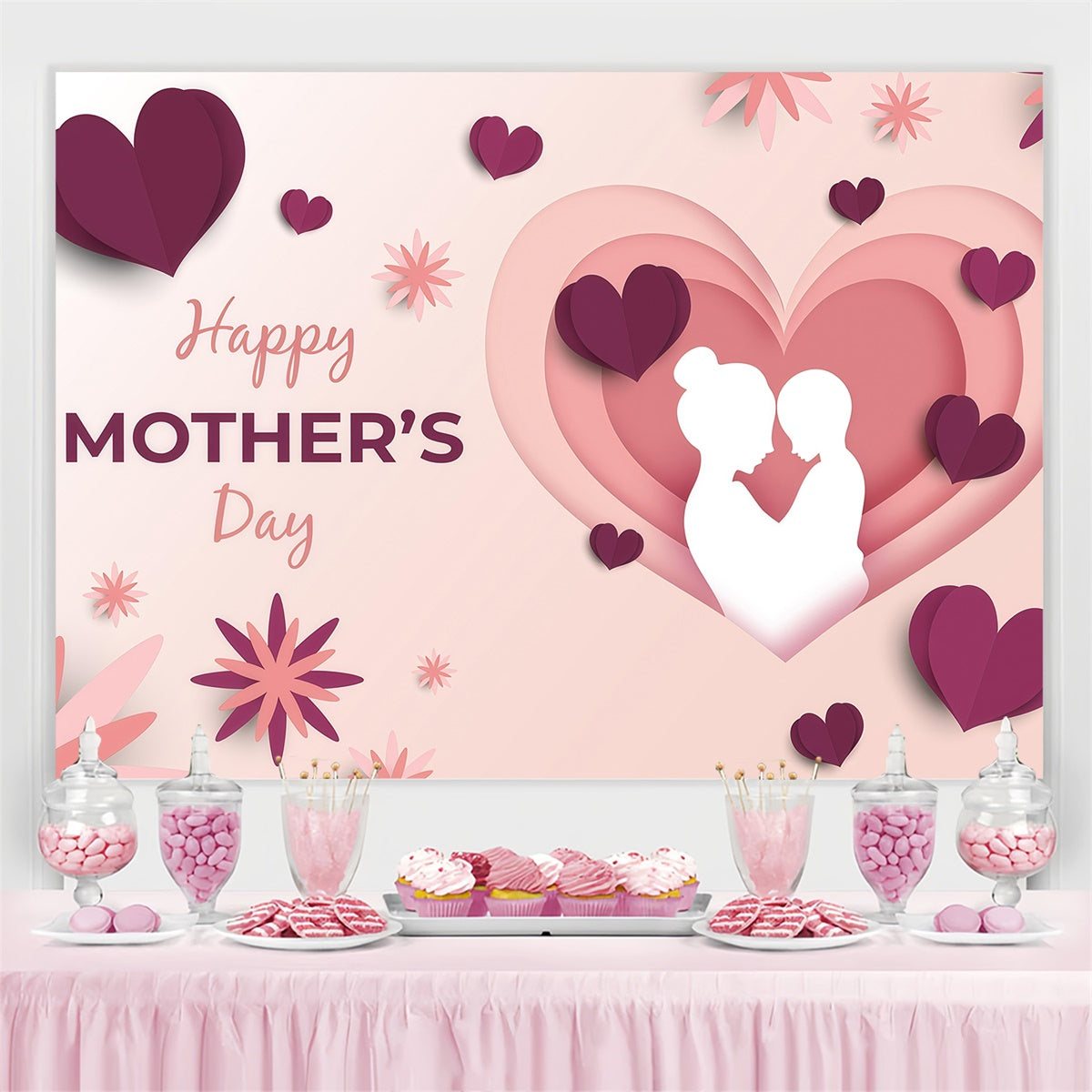 Backdrop For Mothers Day Silhouette Heart Floral Custom Backdrop UK GQ3-156