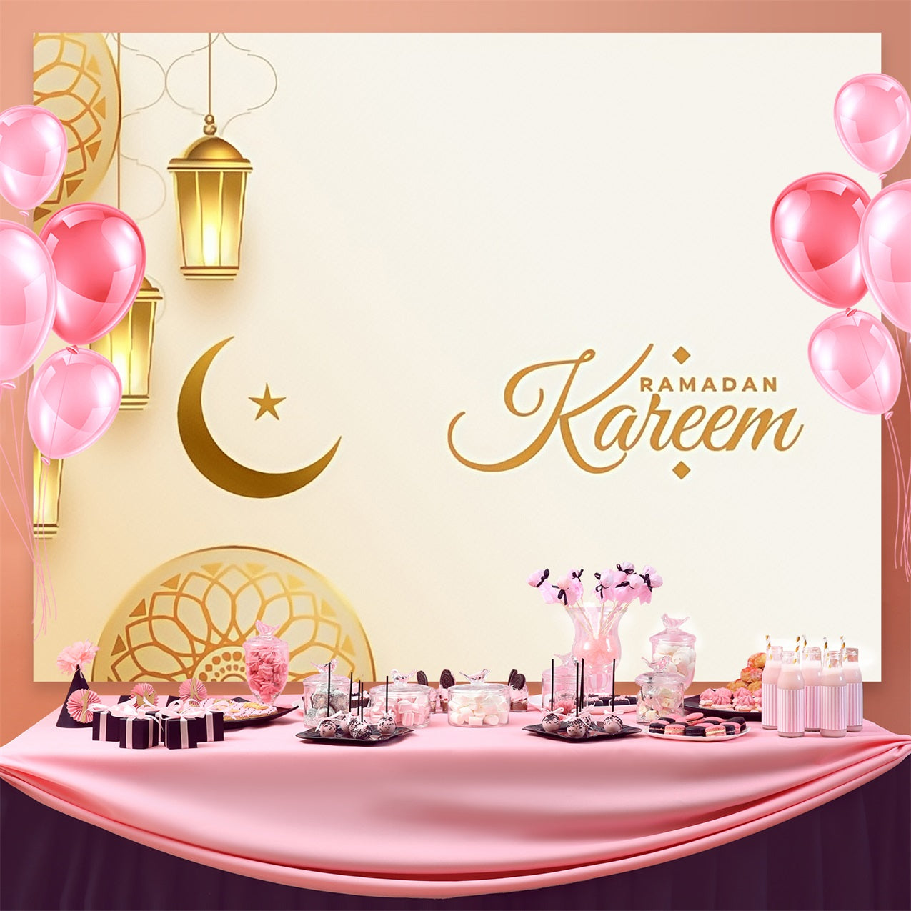 Ramadan Backdrops Golden Crescent Lantern Kareem Backdrop UK GQ3-41