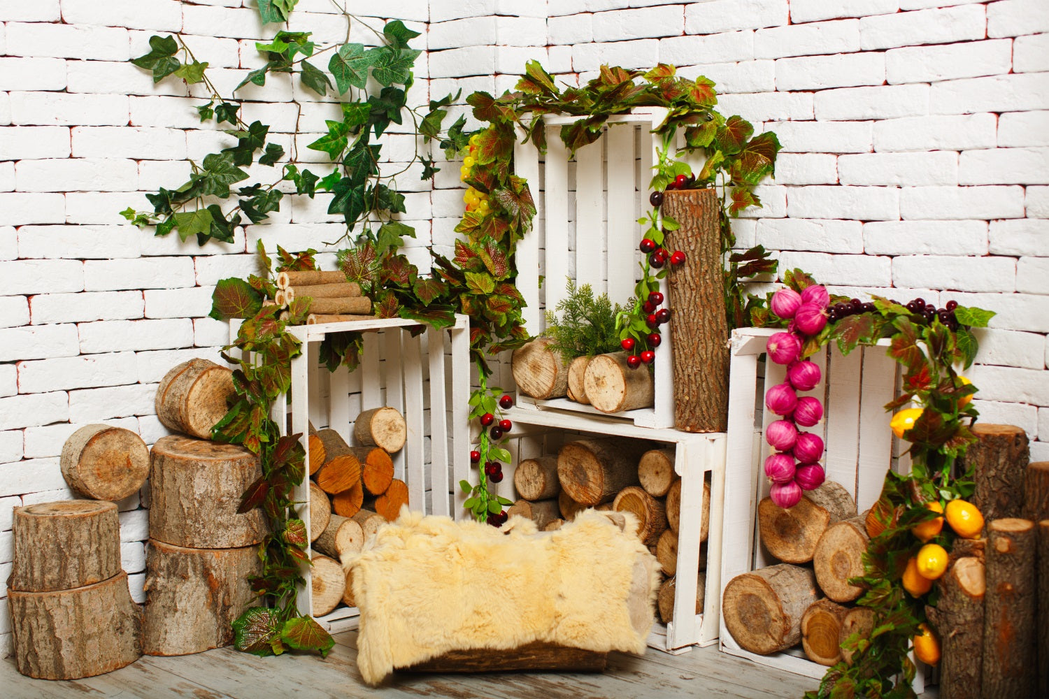 Wood Floor Backdrop White Brick Wall Woodland Backdrop UK GQ4-109