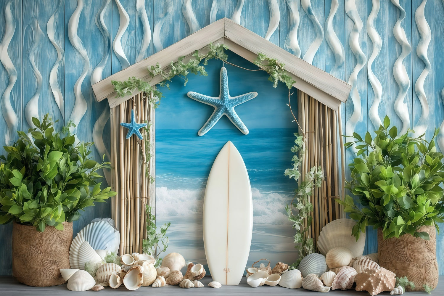 Beach Scene Backdrop Coastal Shells Surf Summer Backdrop UK GQ4-253