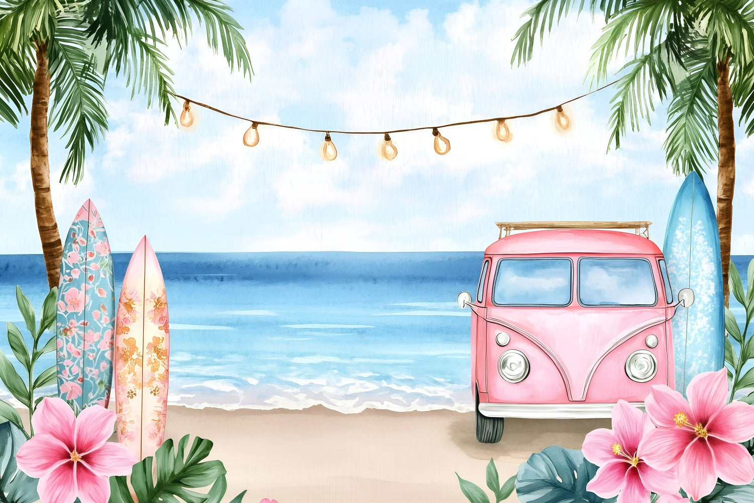 Summer Backdrop Beach Floral Surf Truck Backdrop UK GQ4-258