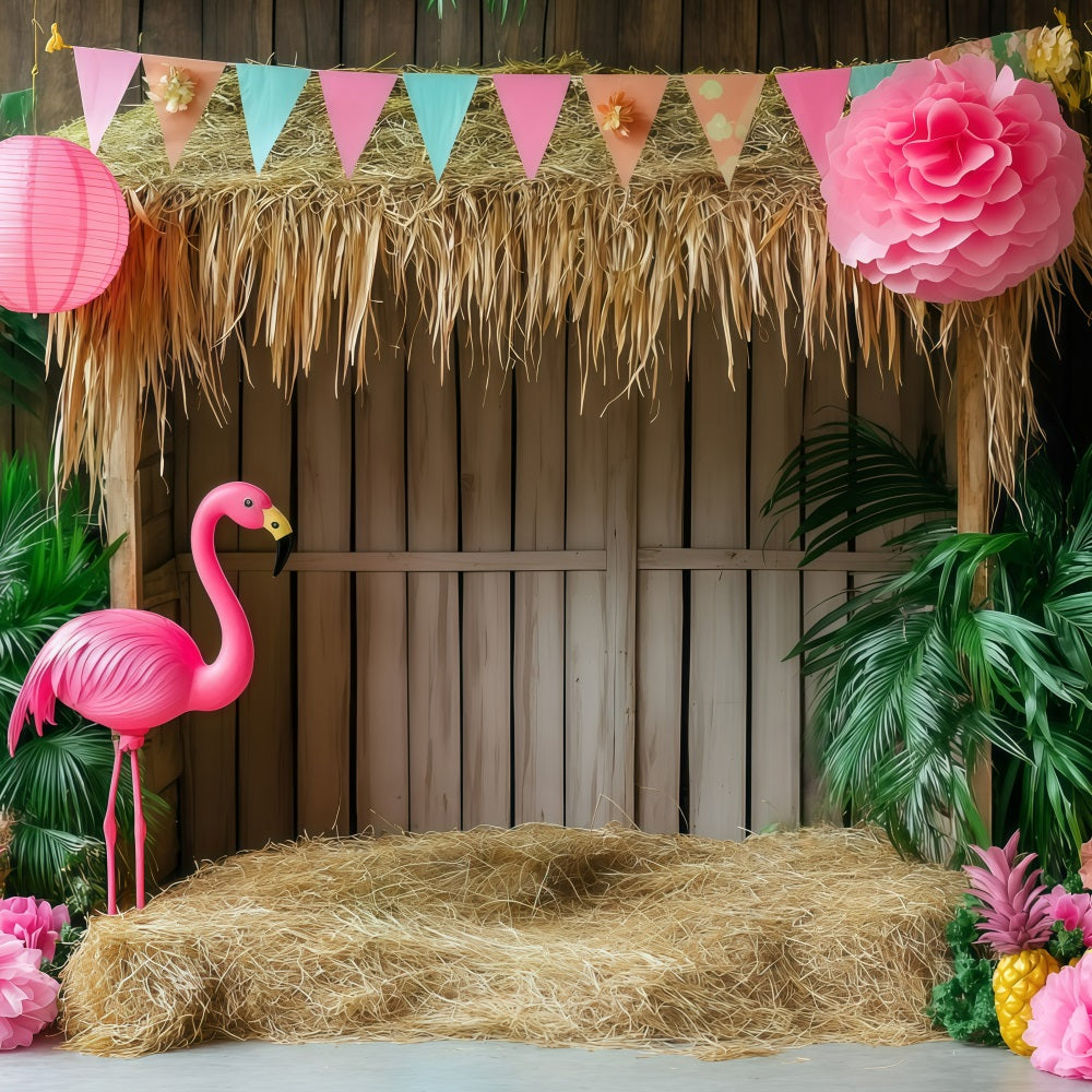 Tropical Backdrops Flamingo Tiki Hut Summer Backdrop UK GQ4-292