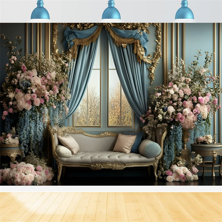 Retro Backdrop Royal Blue Curtain Floral Vintage Photo Backdrops UK GQ4-317