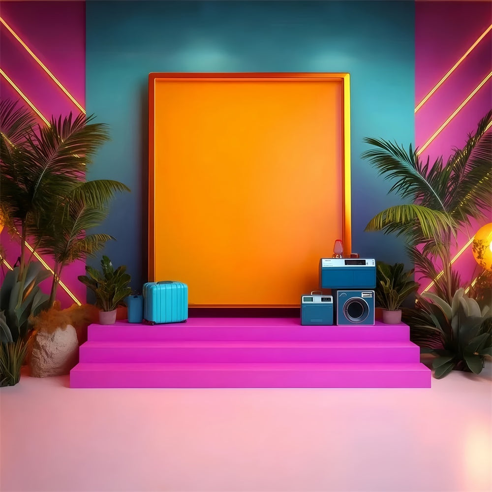 80s Backdrop Neon Tropical Palm Vintage Photography Backdrops UK GQ4-328