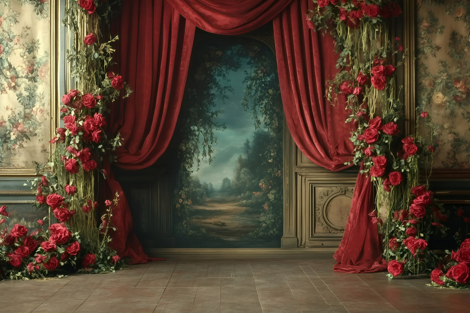 Retro Photo Backdrops Romantic Red Rose Drapes Vintage Backdrops UK GQ4-331