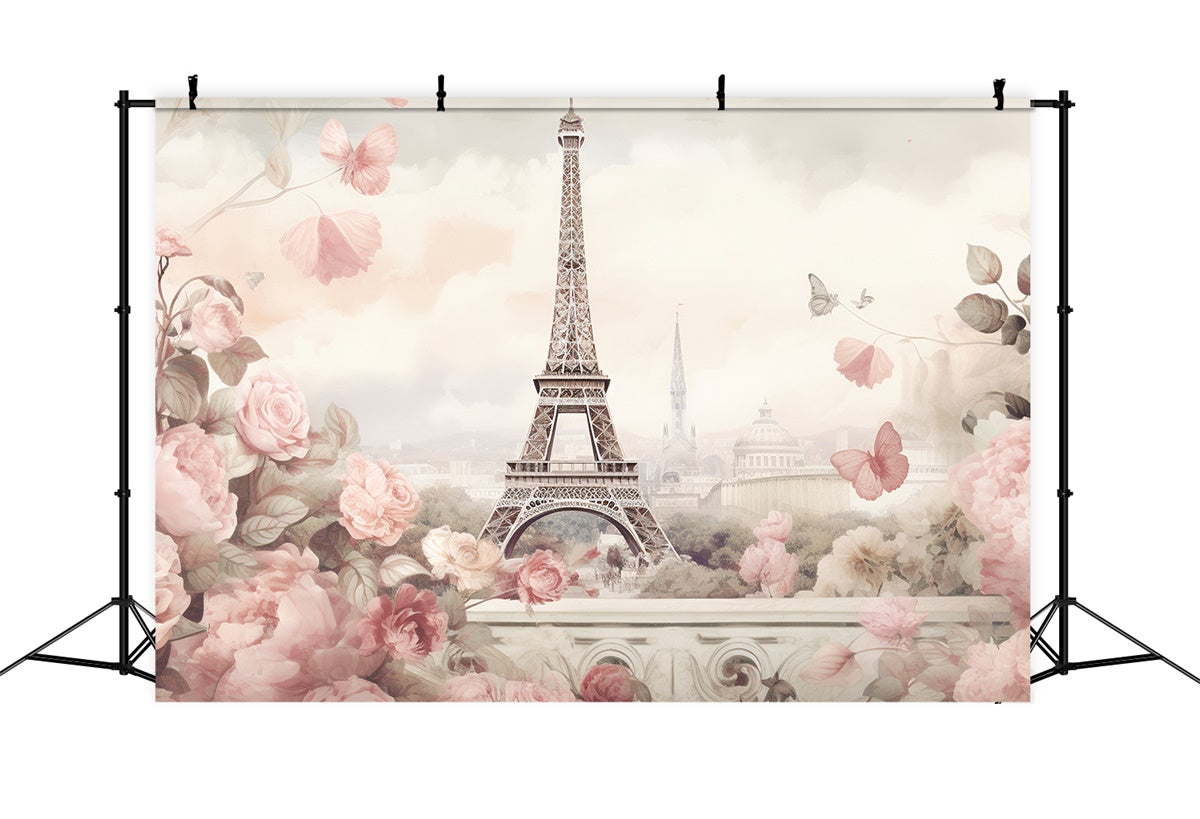 Paris Eiffel Tower Backdrop Pastel Flowers Romance Backdrop UK GQ4-37