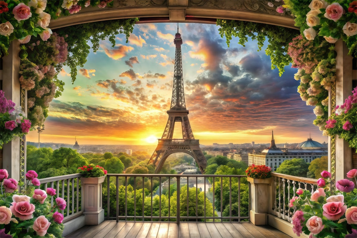 Eiffel Tower Paris Backdrop Floral Balcony Sunset View Backdrop UK GQ4-60