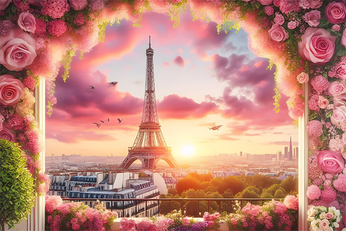 Paris Eiffel Tower Backdrop Pink Sky Flower Frame Backdrop UK GQ4-61