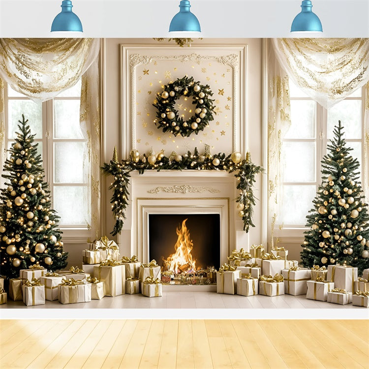 Christmas Fireplace Backdrop White Gold Holiday Backdrop UK GQ57-48