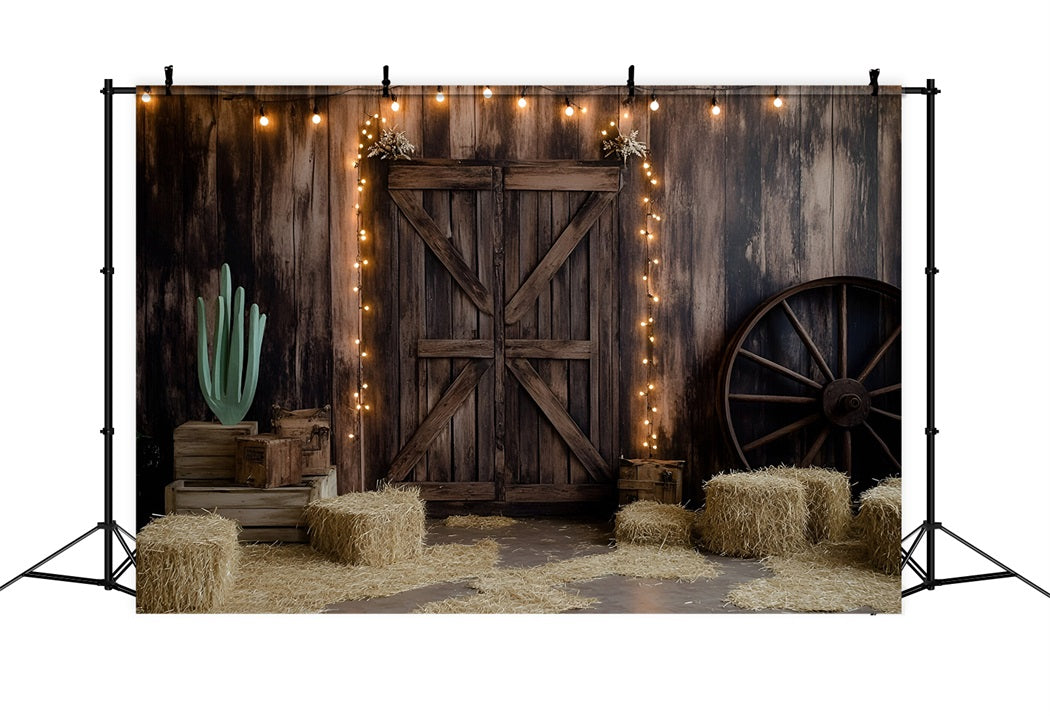 Western Backdrop Wooden Barn Door Hay and Lights Vintage Photo Background UK GQ58-117