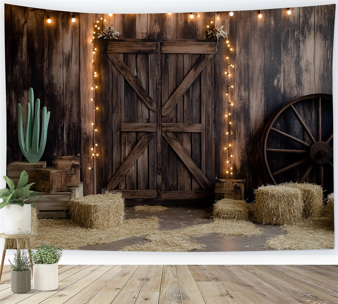 Western Backdrop Wooden Barn Door Hay and Lights Vintage Photo Background UK GQ58-117