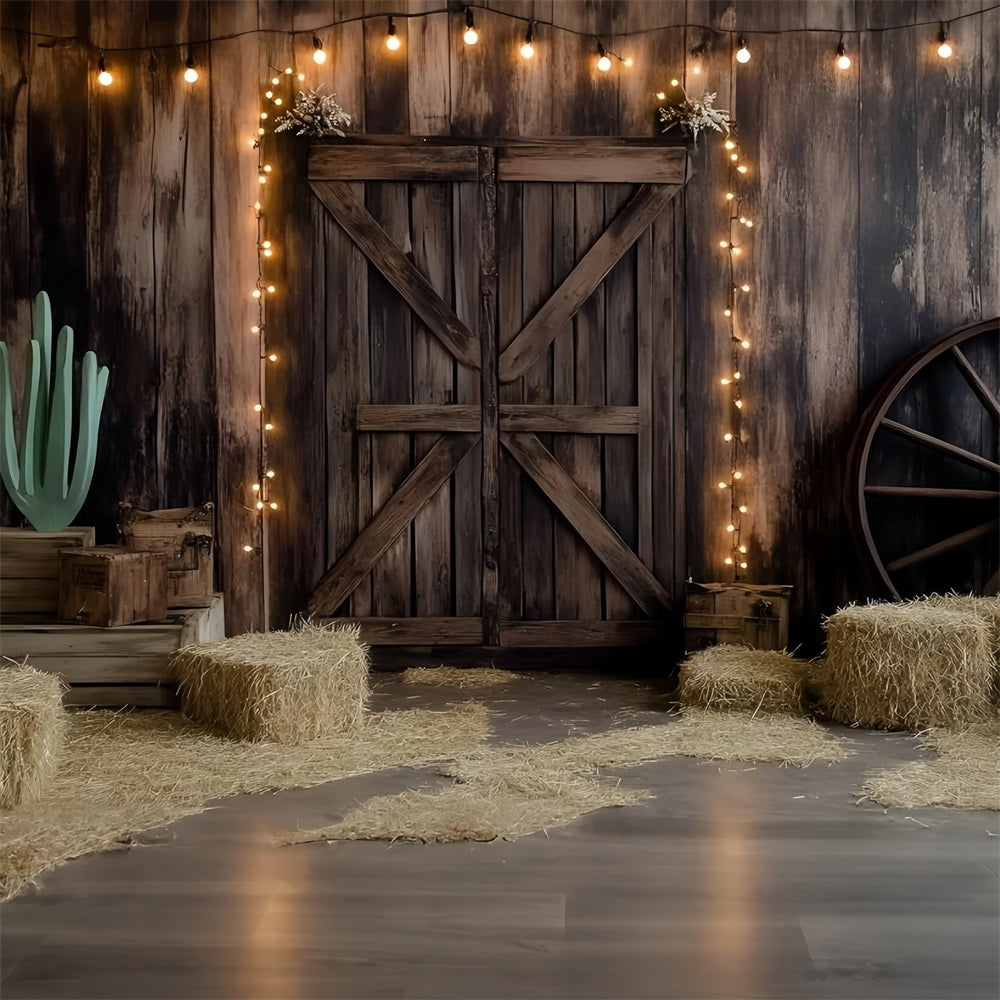 Western Backdrop Wooden Barn Door Hay and Lights Vintage Photo Background UK GQ58-117