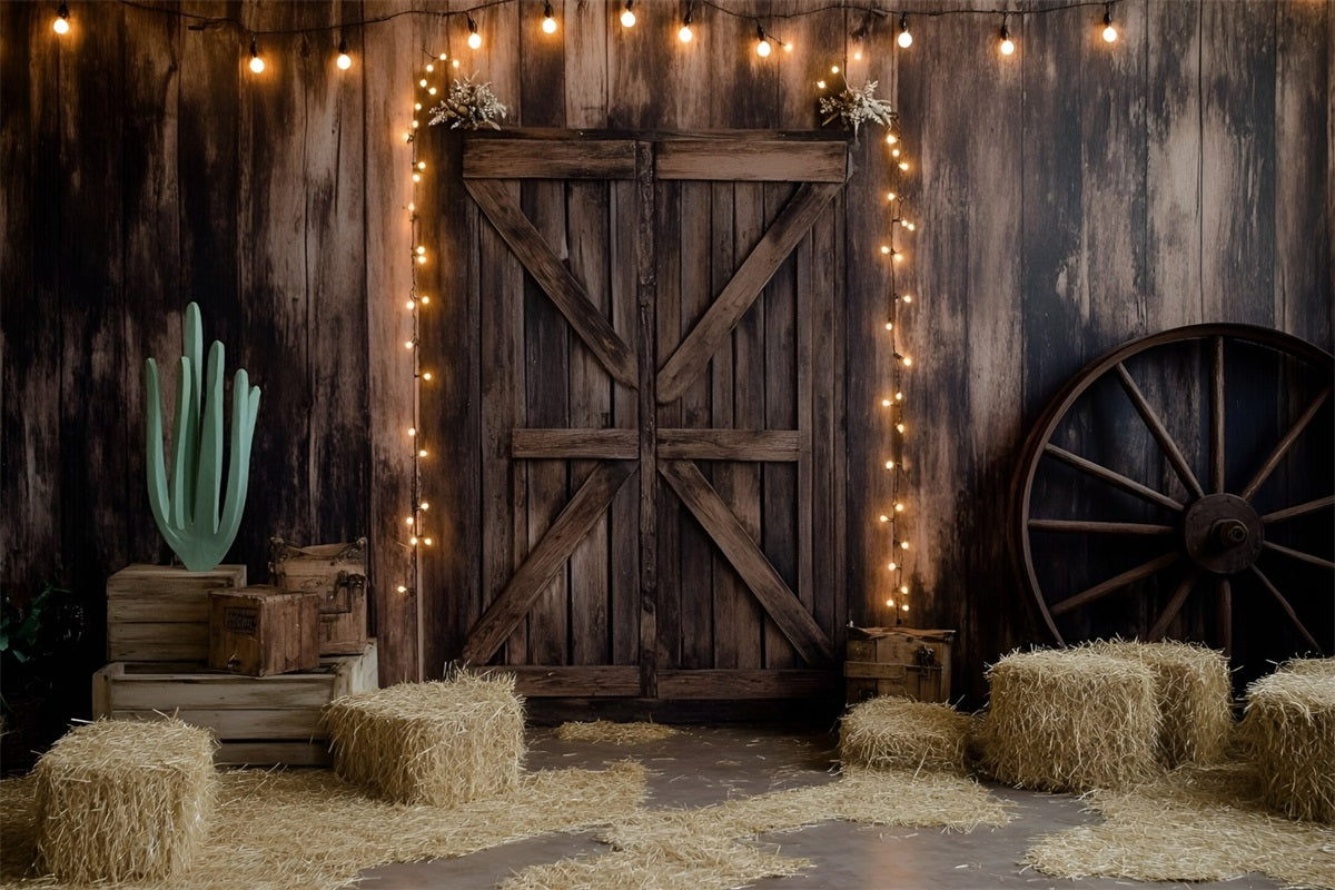 Western Backdrop Wooden Barn Door Hay and Lights Vintage Photo Background UK GQ58-117