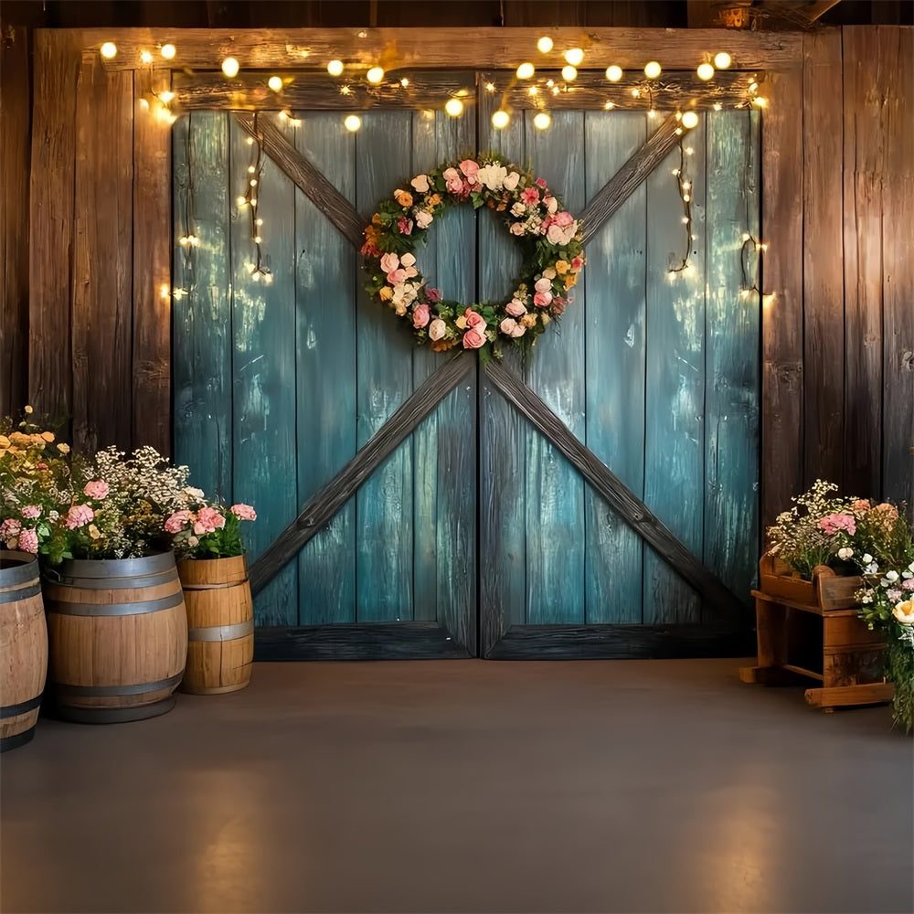 Western Backdrop Teal Barn Door Floral Wreath Vintage Photo Backdrops UK GQ58-118