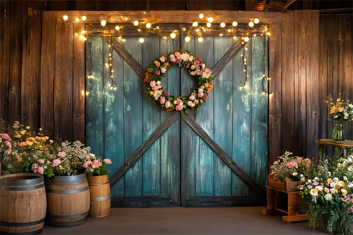 Western Backdrop Teal Barn Door Floral Wreath Vintage Photo Backdrops UK GQ58-118