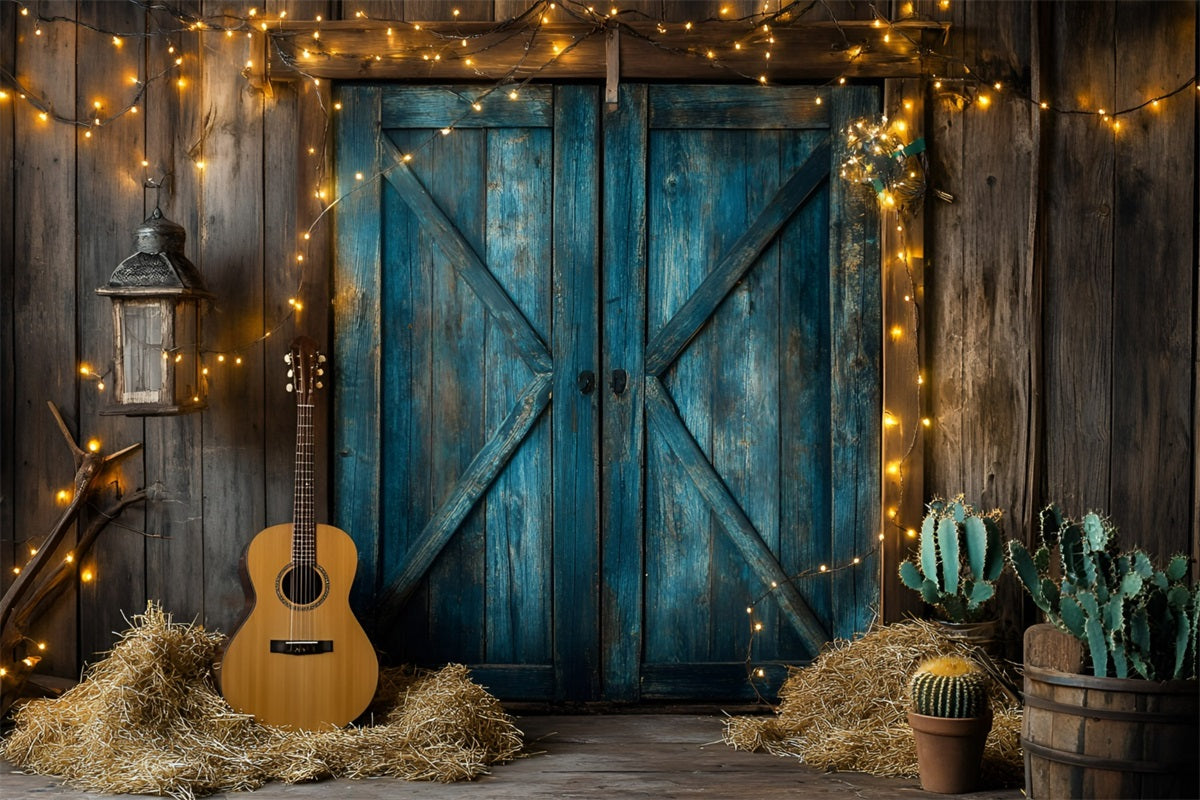 Western Backdrop Rustic Blue Barn Doors Guitar Cactus Vintage Photography Backdrops UK GQ58-119