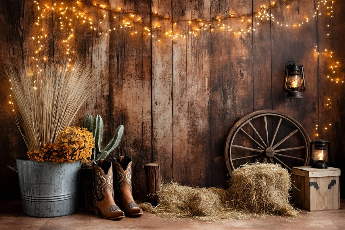Western Backdrop Western Cowboy Boots Cactus Hay Bales Backdrop Vintage UK GQ58-120