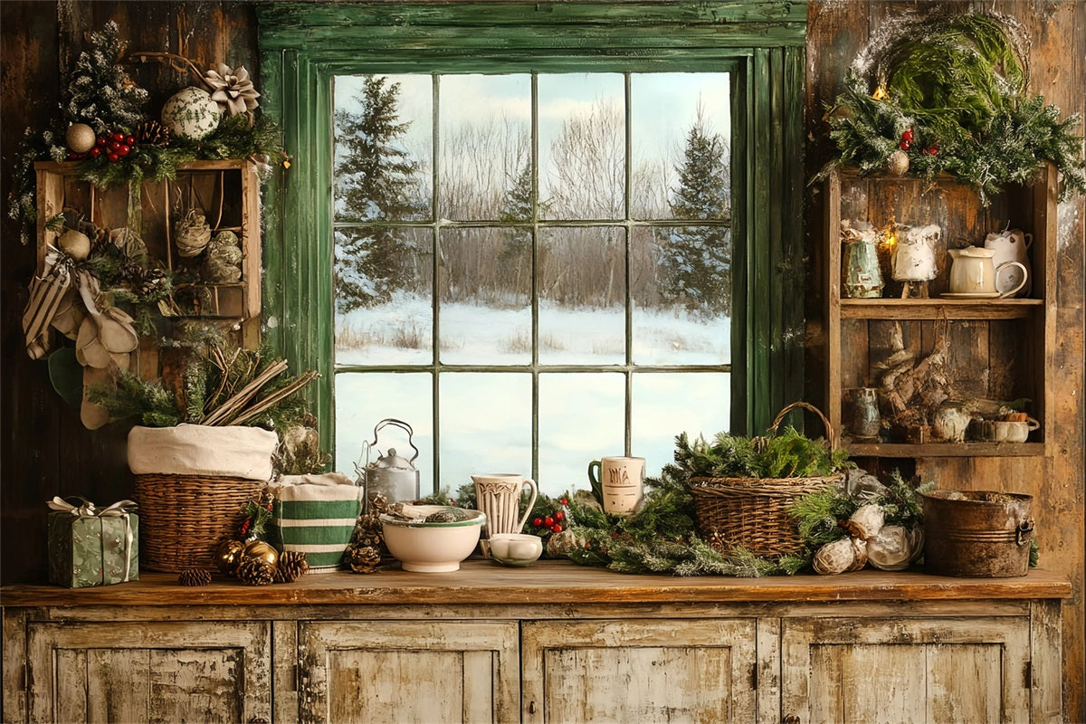 Rustic Backdrop Cozy Winter Kitchen Window Festive Greenery Vintage Backdrop Ideas UK GQ58-121