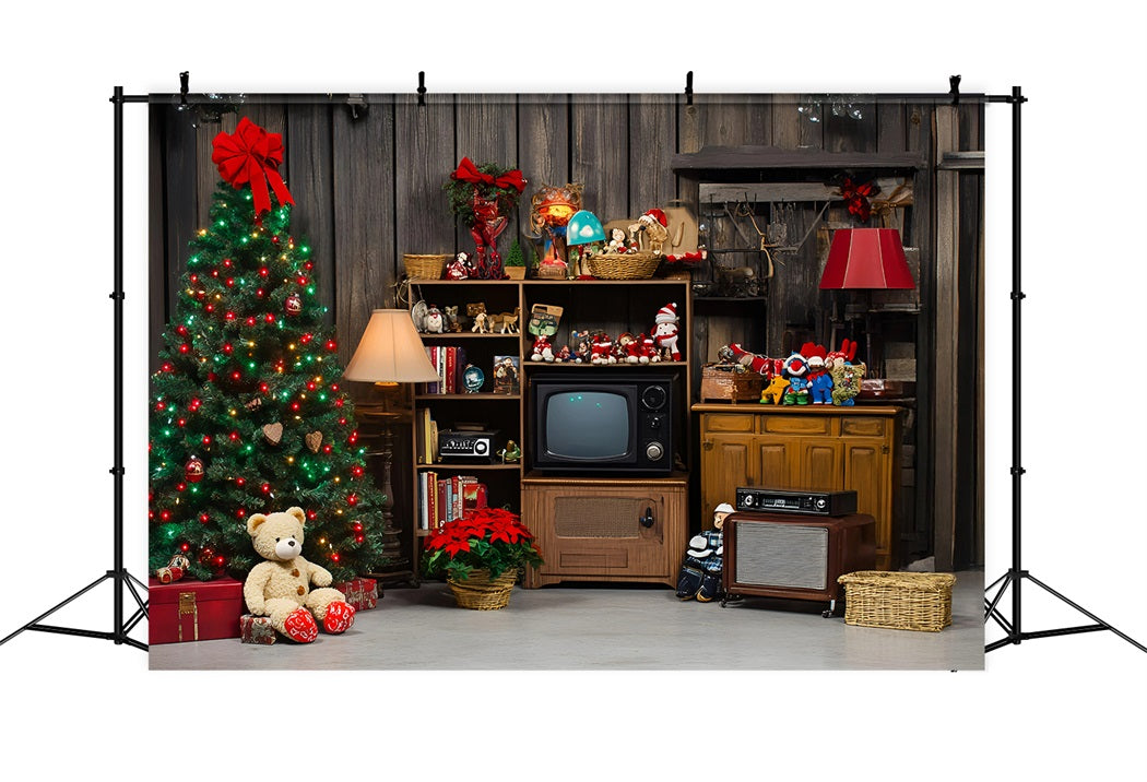 Rustic Backdrop Retro Christmas Tree with Vintage Toys Vintage Photoshoot Background UK GQ58-125