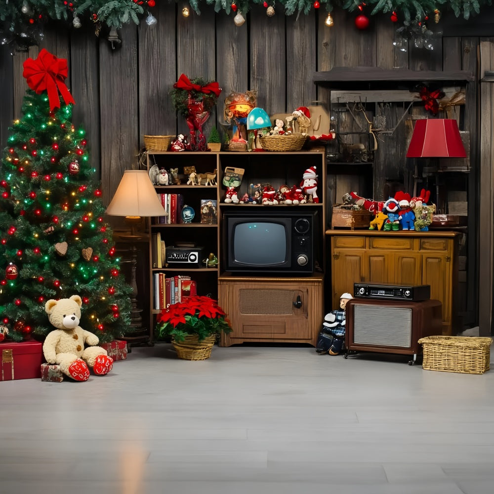 Rustic Backdrop Retro Christmas Tree with Vintage Toys Vintage Photoshoot Background UK GQ58-125