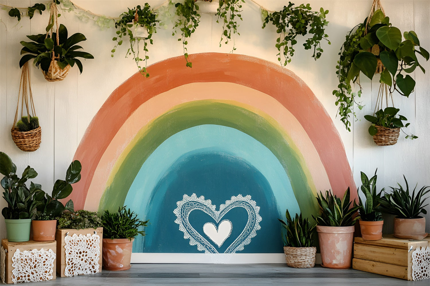 Boho Photo Backdrop Indoor Rainbow Plant Summer Backdrops UK GQ6-22