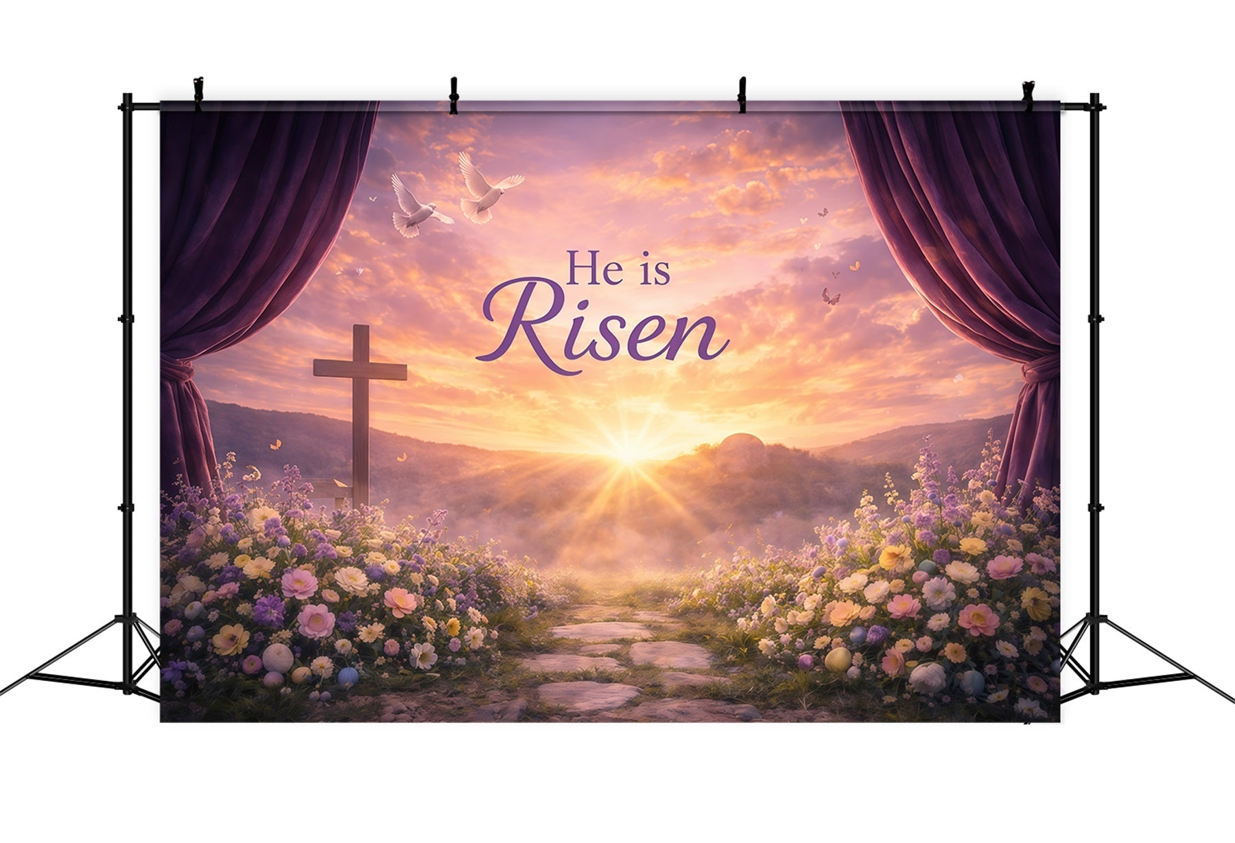 He Is Risen Backdrop Sunrise Valley Songbirds Flower Easter Backdrops For Photos UK GQ61-13